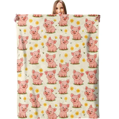Pig Pattern Daisies Blanket: Cute Pink Pigs and Yellow Flowers