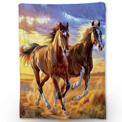Two Horses Running Blanket: Wild Sunset Art for Equestrian Lovers