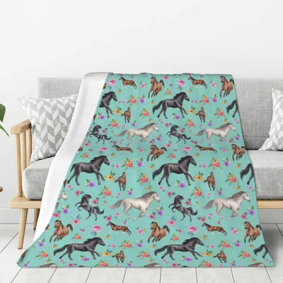 Running Horses and Roses Pattern Blanket for Equestrian Lovers