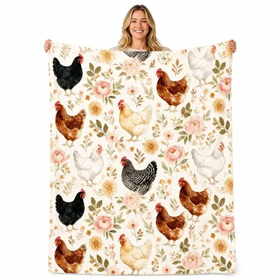 Chickens Among Pink Floral Blanket: Farmhouse Chicken Pattern Design