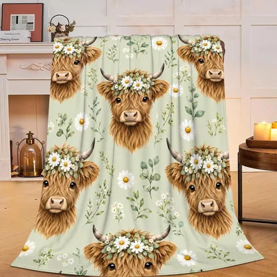 Highland Cow Daisy Flowers Blanket: Fluffy Cows with Floral Crowns