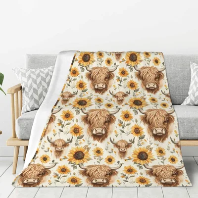 Highland Cow Sunflowers Blanket: Fluffy Cows and Golden Flowers