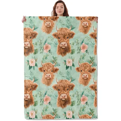 Mint Green Highland Cows Blanket: Fluffy Cow and Floral Throw