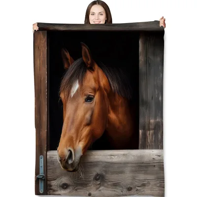 Horse Stable Door Blanket: Realistic Horse Peeking Through Rustic Wood