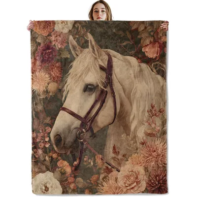 Vintage White Horse Blanket: Rustic Floral Equestrian Art Design