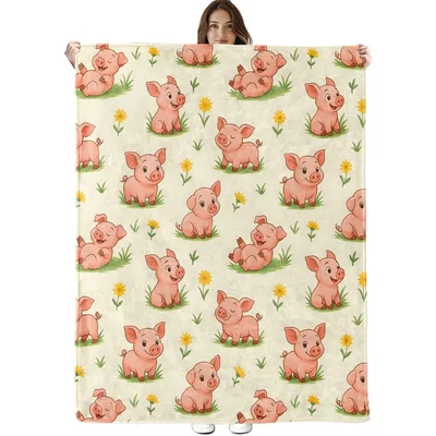 Pig Animal Print Blanket: Cute Pink Piglets and Yellow Flowers Design