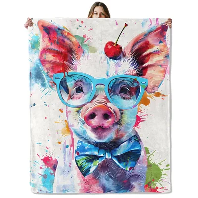 Pig Watercolor Animal Art Blanket: Hipster Pig with Glasses and Cherry