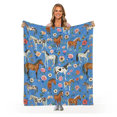 Blue Meadow Horses Blanket: Equestrian Floral Pattern for Lovers
