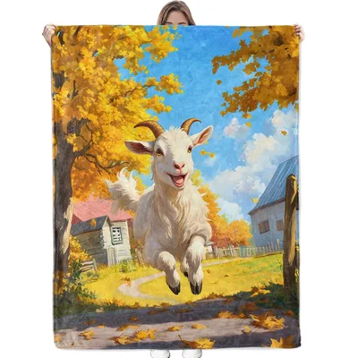 Cute Goat Farm Animal Blanket: Joyful White Goat in Autumn Scene