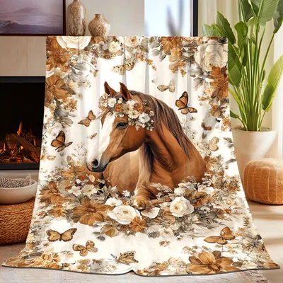 Brown Horse in Flowers Blanket