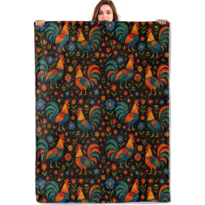 Folk Art Rooster Pattern Blanket: Colorful Farmhouse Chicken Design