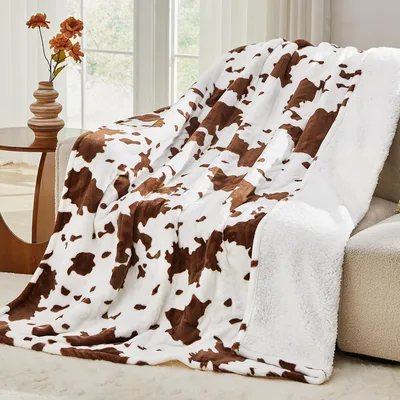 Brown Cow Print on White Blanket for Farm Lovers
