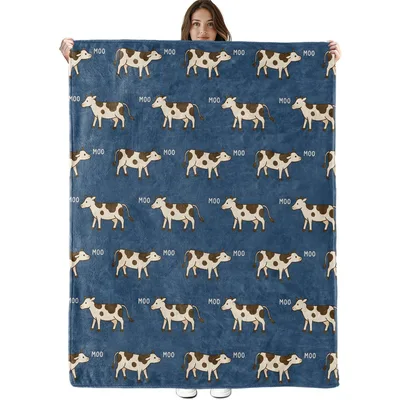 Cow Pattern Farm Animal Blanket with Spotted Cows and Moo Text