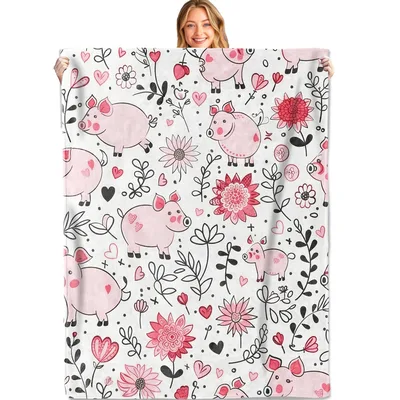 Pink Pigs Hearts Flowers Blanket: Whimsical Pig Design