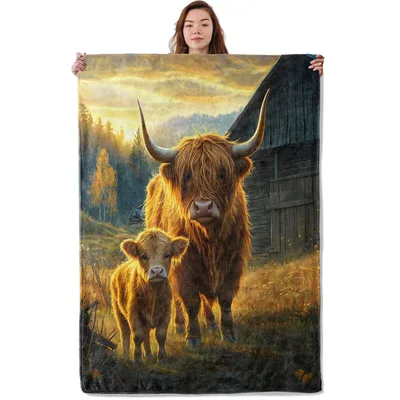 Highland Cow Calf Sunset Blanket: Rustic Farm Art for Cozy Evenings