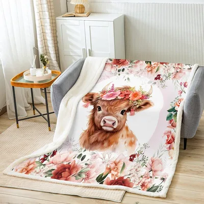 Blush Floral Highland Calf Blanket: Cute Cow with Flower Crown Design