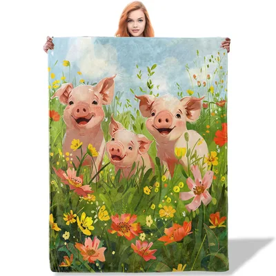 Three Happy Pigs Blanket: Smiling Farm Friends in a Wildflower Meadow