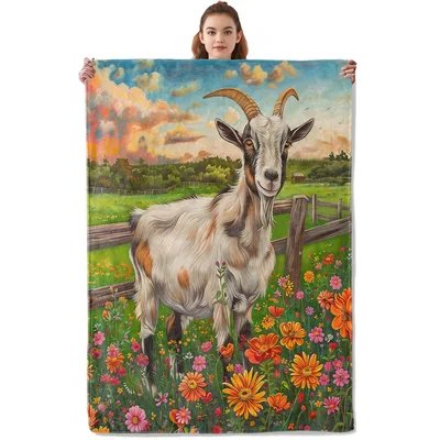 Goat Wildflower Meadow Blanket: A Curious Goat in a Sunset Field