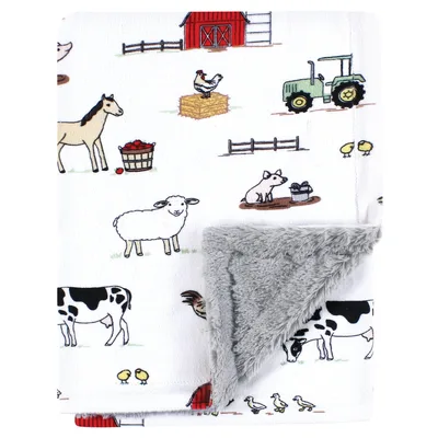 Farm Animals Pattern Blanket: Rustic Farm Scene with Tractor and Barn