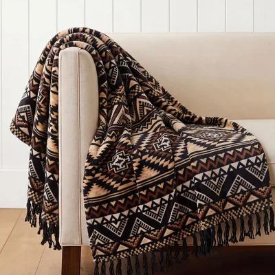 Tribal Geometric Pattern Tassels Blanket: Boho Aztec Throw with Fringe