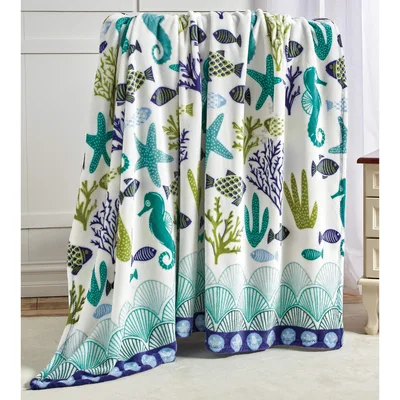 Blue Coral and Seahorse Blanket: Ocean Life Pattern for Kids