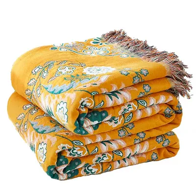 Boho Floral Pattern Blanket: Warm Mustard Yellow Throw with Teal Vines