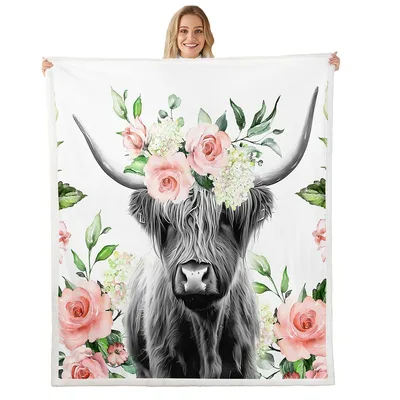 Highland Cow with Floral Frame Blanket: Shaggy Beauty in Pink Roses