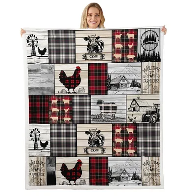 Rustic Farm Animals Patchwork Blanket Country Life Design