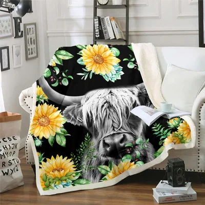 Highland Cow Sunflower Pattern Blanket: Rustic Farm Animal Art