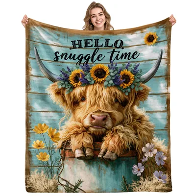 Hello Snuggle Time Highland Blanket with Floral Cow Art