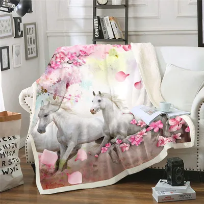 White Horses in Cherry Blanket featuring galloping white horses
