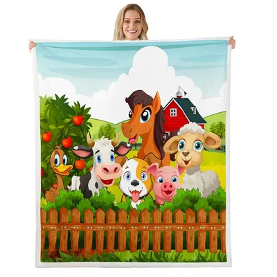 Cartoon Farm Animals Scene Blanket: Cute Cows, Pigs, and Horses