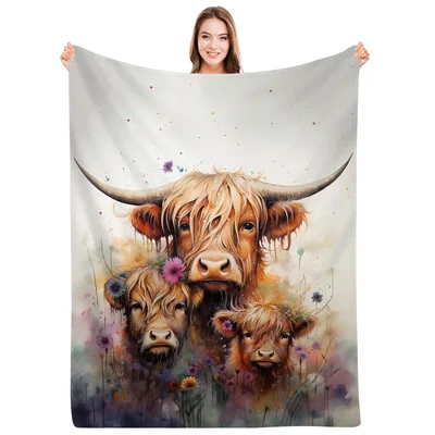 Highland Cow Family Watercolor Blanket: Shaggy Herd Art