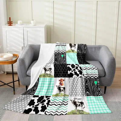 Cow Print Patchwork Plaid Blanket: Rustic Farm Animal Quilt Design