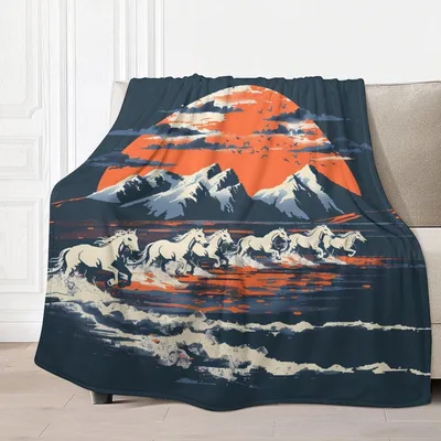 White Horses Sunset Scene Blanket featuring galloping stallions