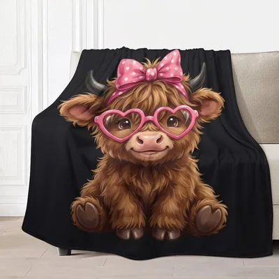 Highland Cow Pink Bow Blanket: Fluffy Calf with Heart Glasses