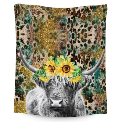 Highland Cow Sunflower Crown Blanket: Fluffy Farm Animal Art