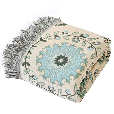 Blue Boho Floral Pattern Blanket with Rustic Medallion Design