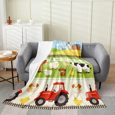 Farm Animals and Tractors Blanket: A Cute Farm Scene with Red Tractor