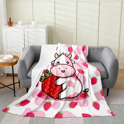 Cartoon Cow with Strawberries Blanket: Cute Pink Spot Design
