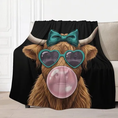 Highland Cow Blowing Bubblegum Blanket featuring a cool bovine