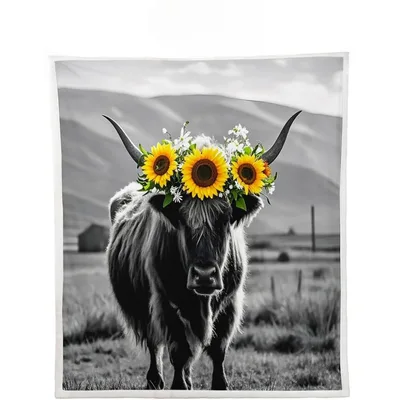 Highland Cow with Sunflower Blanket