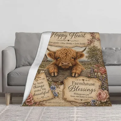 Farmhouse Highland Cow Blessings Blanket for Rustic Home Decor