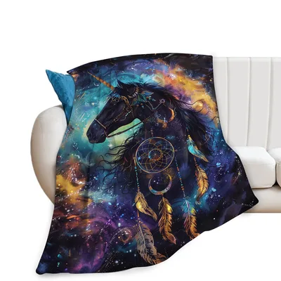 Horse with Dreamcatcher Blanket: Cosmic Unicorn Art for Cozy Spaces
