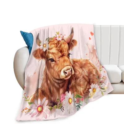Highland Cow Flowers Blanket: A Winking Calf Adorned