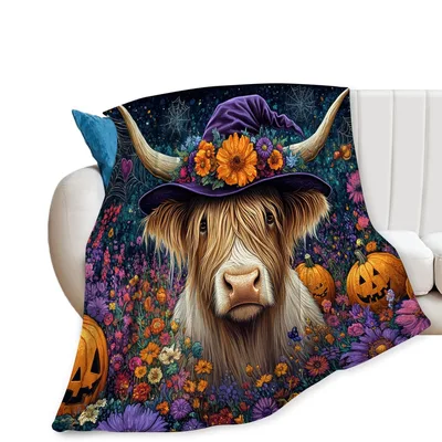 Halloween Cow Blanket: Highland Cow in Witch Hat and Pumpkin Garden