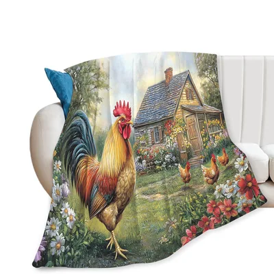 Rooster in Cottage Garden Blanket: A Rustic Farm Scene