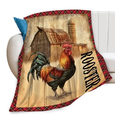 Rooster Farmhouse Barn Blanket: Rustic Chicken Art with Plaid Border