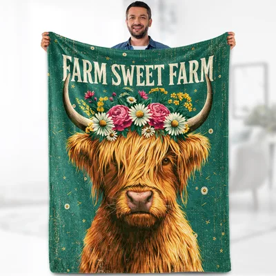 Farm Sweet Farm Highland Blanket: Fluffy Cow with Floral Crown