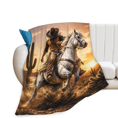 Cowboy on Horse Blanket: Western Sunset Art for Equestrian Lovers